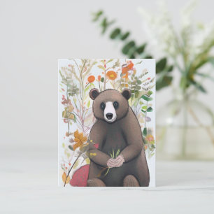 Süßer Waldbär mit Frühlingsblumen Naturkunst Postkarte