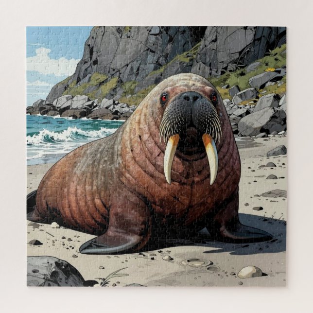 Süßer Walross auf einem Sandstrand  (Vertikal)