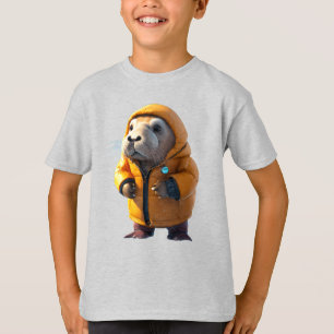Süßer Walross in einer Daunenjacke, das Fisch isst T-Shirt