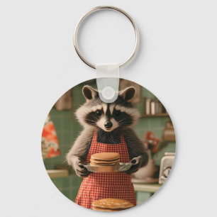 Süßer Waschbär-Koch in einer Retro-Küche serviert Schlüsselanhänger