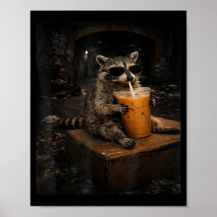 Süßer Waschbär trinkt eisgekühlten Kaffee lustig Poster
