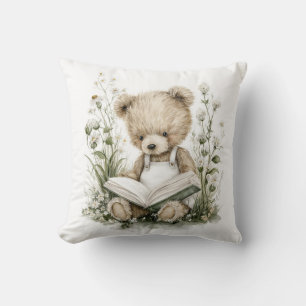 Süßer Wasserfarb-Teddybär beim Lesen eines Buches Kissen