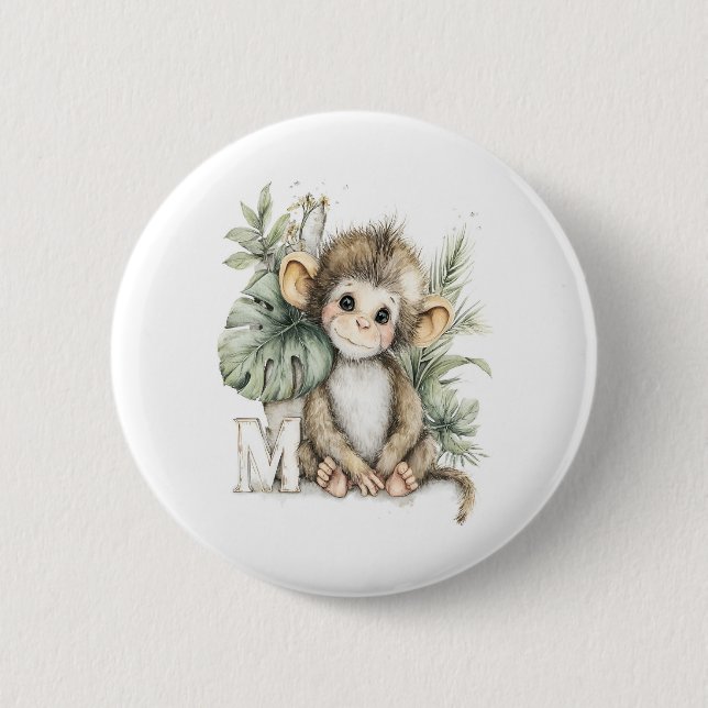 Süßer Wasserfarbe-Baby-Tier-Alphabet-Affe Button (Vorderseite)