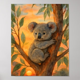 Süßer Wasserfarbekoala im Eukalyptusbaum Poster