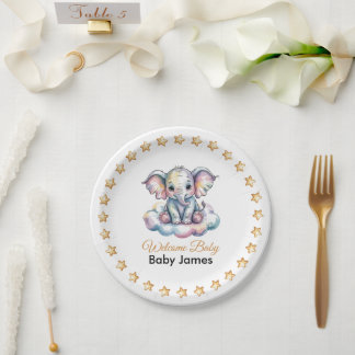 Süßer Wasserfarben-Baby-Elefant Blau Baby Shower P Pappteller