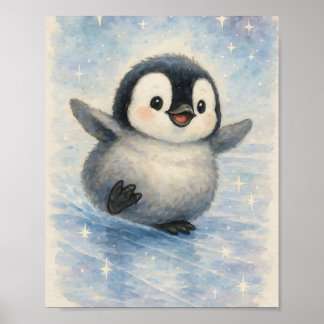 Süßer Wasserfarben-Baby-Pinguin und funkelnde Ster Poster