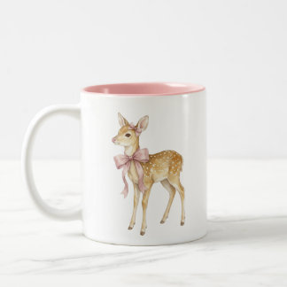 Süßer Wasserfarben-Babyhirsch mit rosa Schleife Zw Zweifarbige Tasse