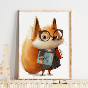 Süßer Wasserfarben-Fuchs-Buch-Student Fuchs-Wand Poster