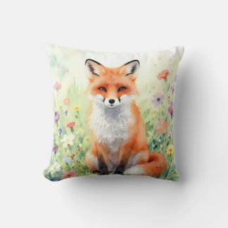 Süßer Wasserfarben-Fuchs in Wildblumen Kissen