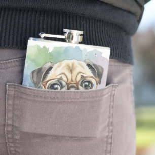 Süßer Wasserfarben-Mops mit Brille Flachmann