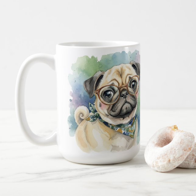 Süßer Wasserfarben-Mops mit Brille Kaffeetasse (Mit Donut)