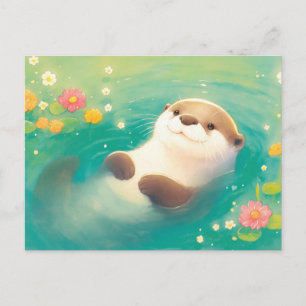 Süßer Wasserfarben-Otter-Blumen-Teich Postkarte