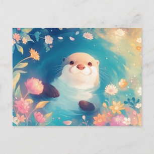 Süßer Wasserfarben-Otter-Blumen-Teich Postkarte