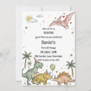 Süßer Wasserfarben-Pastell-Dinosaurier Dritter Geb Einladung