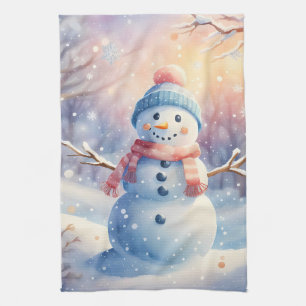 Süßer Wasserfarben-Schneemann im Winter-Wunderland Geschirrtuch