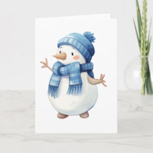 Süßer Wasserfarben-Schneemann mit blauem Schal und Karte