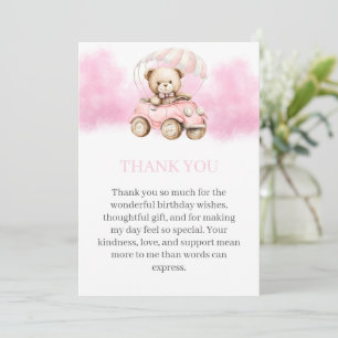 Süßer Wasserfarben-Teddybär in rosa Auto Geburtsta Dankeskarte