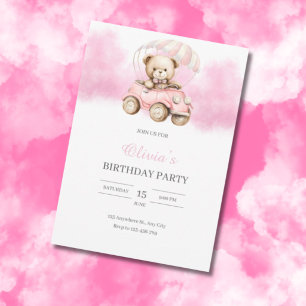Süßer Wasserfarben-Teddybär in rosa Auto Geburtsta Einladung