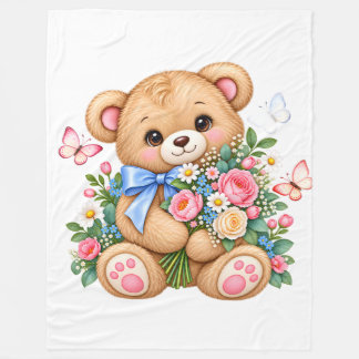 Süßer Wasserfarben-Teddybär mit Blumen Clipart | Fleecedecke
