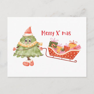 Süßer Wasserfarben-Weihnachtsbaum zieht Schlitten Postkarte