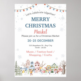 Süßer Wasserfarben-Winterurlaub-Christmarktplatz Poster