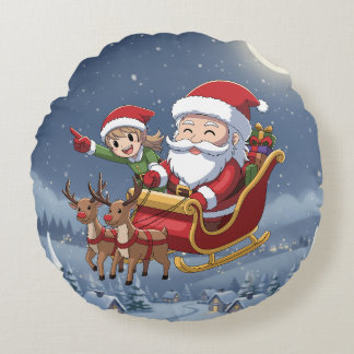 Süßer Weihnachts-Chibi-Weihnachtsmann und Elf-Rund Rundes Kissen