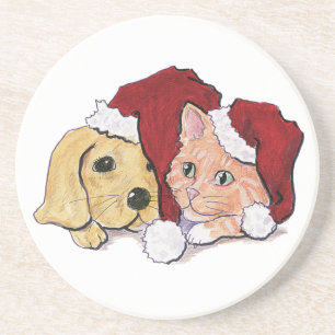 Süßer Weihnachts-Labrador-Welpe und orange getiger Getränkeuntersetzer