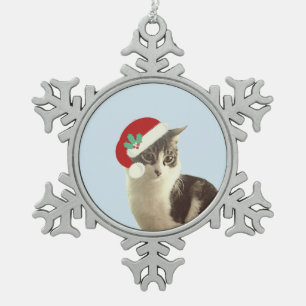 Süßer Weihnachts-Magier-Kater Schneeflocken Zinn-Ornament