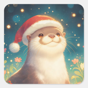 Süßer Weihnachts-Otter-Aufkleber mit Santa-Mütze Quadratischer Aufkleber