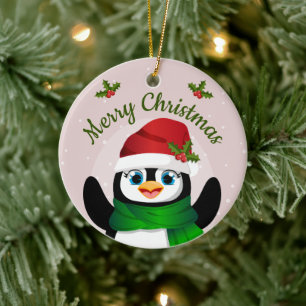 Süßer Weihnachts-Pinguin-Charakter mit Stechpalme Keramik Ornament