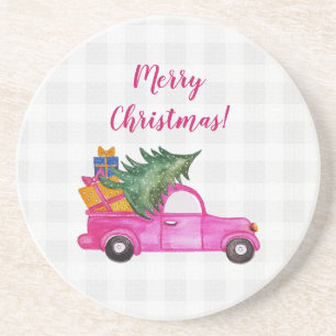 Süßer Weihnachts-Pink-LKW mit Baum und Wünschen Getränkeuntersetzer
