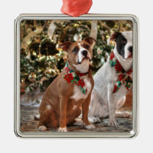 Süßer Weihnachts-Rettungspitbull und American Bull Silbernes Ornament