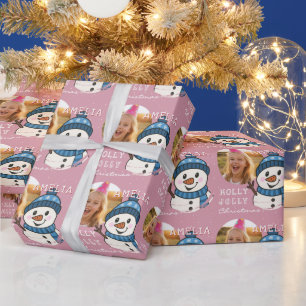 Süßer Weihnachts-Schneemann personalisiertes Foto Geschenkpapier