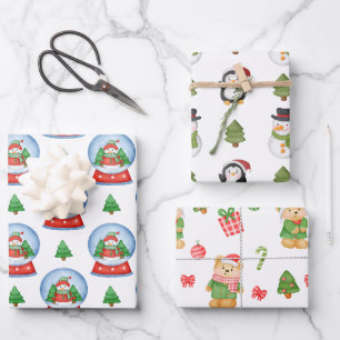 Süßer Weihnachts-Teddybär, Schneemann, Pinguin Geschenkpapier Set