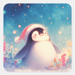 Süßer Weihnachtsbaby-Pinguin mit Santa-Mütze Quadratischer Aufkleber