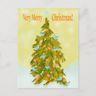 Süßer Weihnachtsbaum mit blauen Vögeln Postkarte
