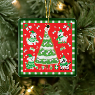Süßer Weihnachtsbaum und Hundewelpen mit Knochen Keramikornament