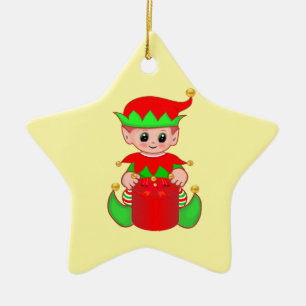 Süßer Weihnachtself auf Gelb Keramik Ornament