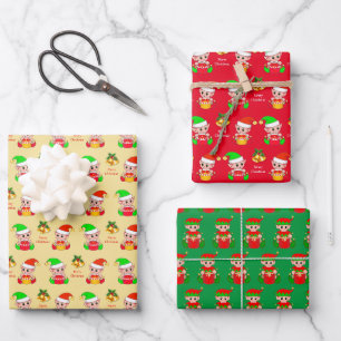 Süßer Weihnachtself auf goldenem Beige, Grün und R Geschenkpapier Set
