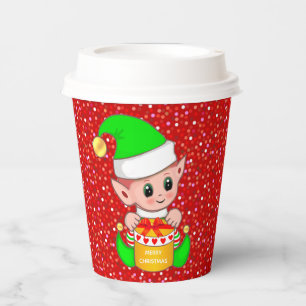 Süßer Weihnachtself auf rotem Glitter Pappbecher