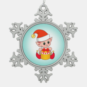 Süßer Weihnachtself auf Türkisblau Schneeflocken Zinn-Ornament