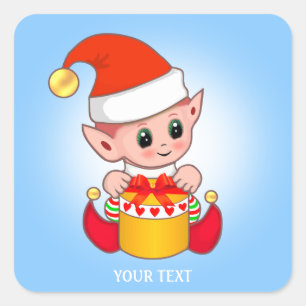 Süßer Weihnachtself & Benutzerdefinierter Text auf Quadratischer Aufkleber