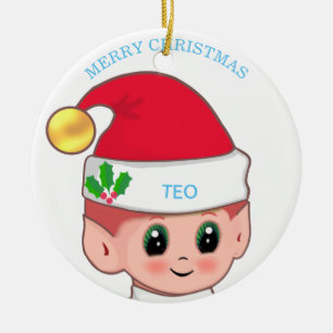 Süßer Weihnachtself & Benutzerdefinierter Text Keramik Ornament