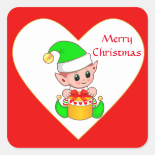 Süßer Weihnachtself & Geschenkbox auf Rot & Weiß Quadratischer Aufkleber