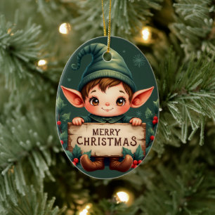 Süßer Weihnachtself hält fröhliches Schild in Grün Keramik Ornament