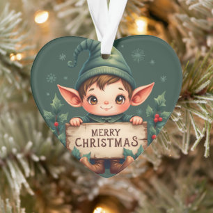 Süßer Weihnachtself hält fröhliches Schild in Grün Ornament