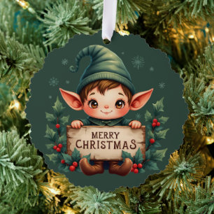 Süßer Weihnachtself hält fröhliches Schild in Grün Ornament Karte