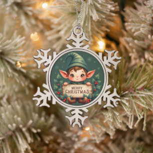 Süßer Weihnachtself hält fröhliches Schild in Grün Schneeflocken Zinn-Ornament
