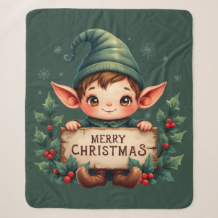 Süßer Weihnachtself hält fröhliches Schild in Grün Sherpadecke