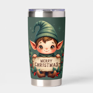 Süßer Weihnachtself hält fröhliches Schild in Grün Thermobecher